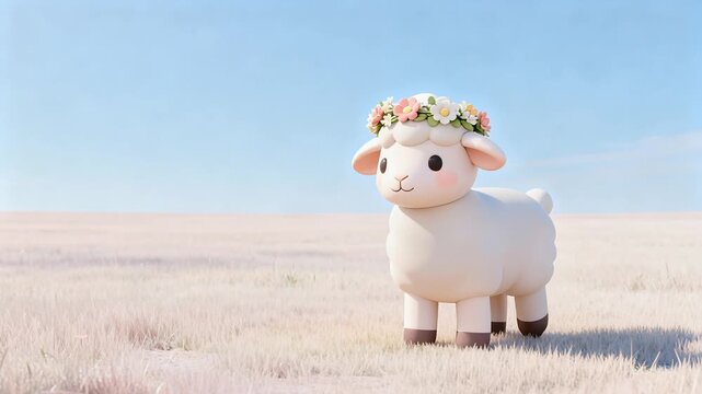 3d render of cute stylized lamb with floral crown in minimalist meadow for modern easter celebration concept