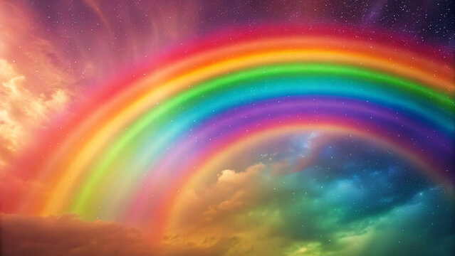 Colorful rainbow arches over dark clouds and stars at twilight in a vibrant sky display after rain
