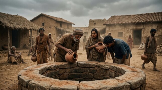 Historical Scene of Village Life with People Gathering Water from Well During Overcast Sky