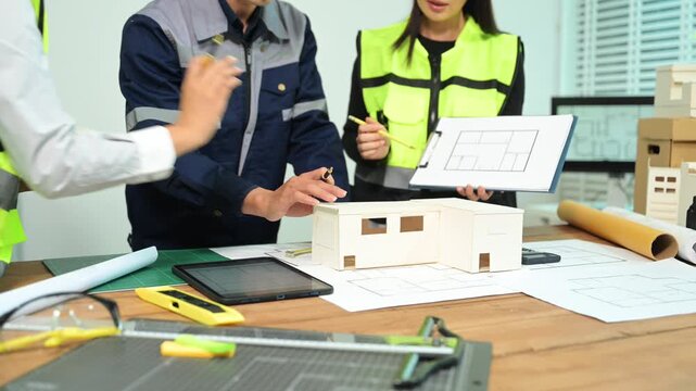 Engineer desk with object paper and tablet with blurry engineer teamwork hardworking to consults about their building project.