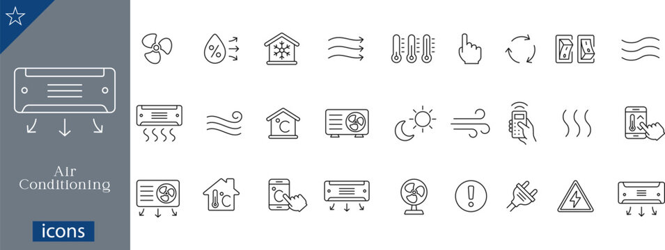 26 Air Conditioning Icons Minimalist Line Art for HVAC Systems, Climate Control, and Ventilation Technology