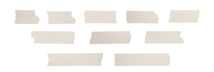 collection of torn paper masking tape strips in various sizes and shapes, isolated on a transparent background, for creative design and scrapbooking.