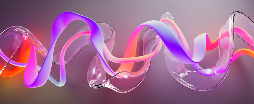 Liquid glass transparent wave ribbon with color gradient flowing lines 3d background. Abstract streams of crystal clear water, vibrant neon glow acrylic paint. Music horizontal banner. 3D illustration