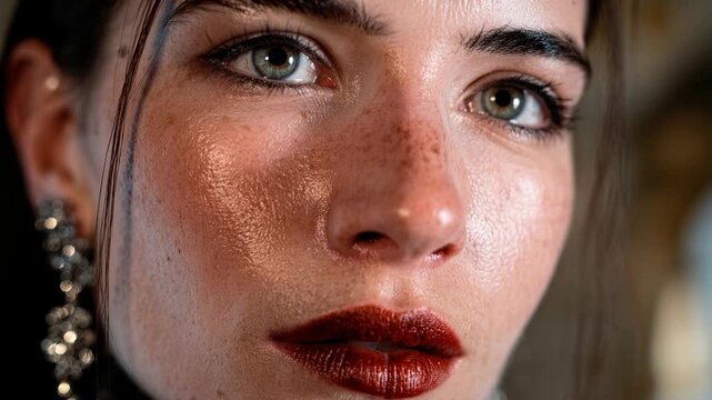Close portrait of vampire woman with freckles and glossy lips looking at camera capturing natural beauty confidence and refined makeup aesthetic in soft lighting