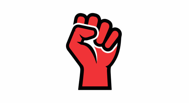 Raised red fist with black outline on white background, symbolizing protest or solidarity in a bold graphic style.