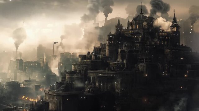 Dark fortress stands tall amid smoke and fog in a city under duress during the late hour of dusk