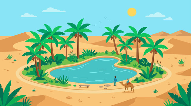 A tranquil flat design illustration of a desert oasis, featuring lush date palm trees surrounding a serene water pool, symbolizing life and refuge.