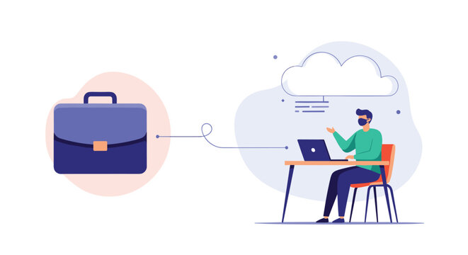 Remote work and cloud computing professional concept featuring man with mask working on laptop and briefcase icon.