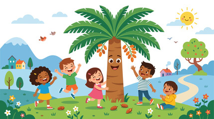 Naklejka premium A cheerful flat design illustration for children, depicting a friendly, anthropomorphic date palm tree interacting playfully with happy kids. 