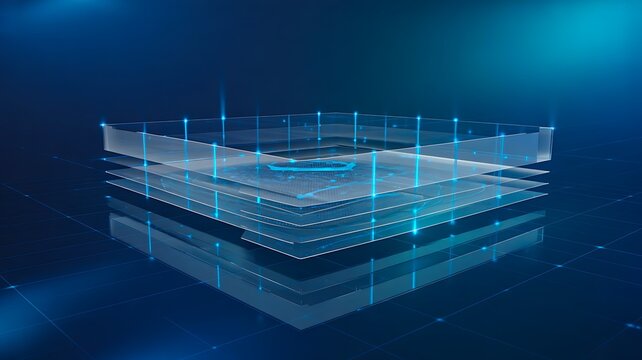 Futuristic digital data layers with glowing interface and technology stack concept