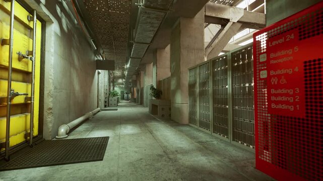 dim industrial corridor with metal lockers, yellow door and red cabinet, exposed pipes along concrete floor, fluorescent ceiling panels, scattered debris