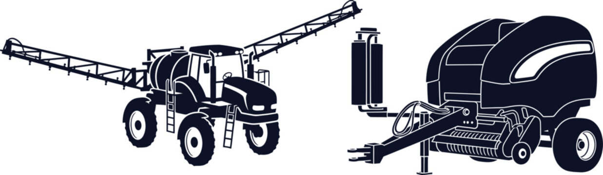 Dark blue silhouette of a self-propelled sprayer and a round baler agriculture farming