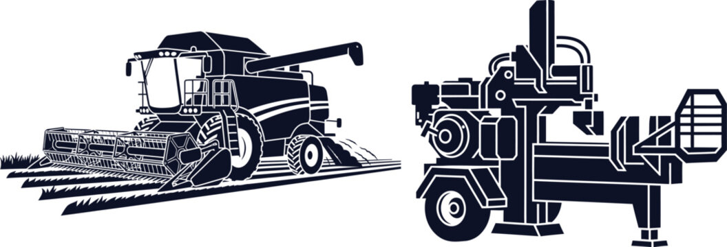 Silhouette of Agricultural Machinery Combine Harvester and Wood Chipper on White Background Keywords: combine harvester