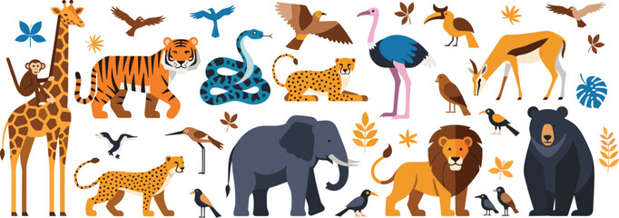 Safari Wildlife Animals Vector Set with Lion Elephant Giraffe Tiger Leopard Birds and Jungle Nature Elements © Rafika