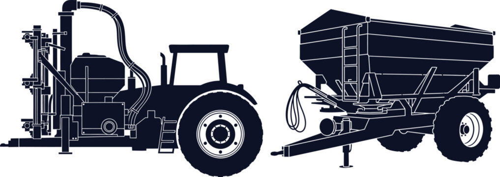 Silhouette of Tractor and Agricultural Fertilizer Spreader on White Background agriculture
