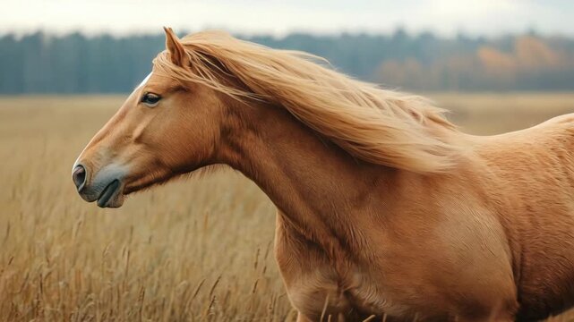 Strong and graceful palomino horse with a flowing blonde mane running through a golden field