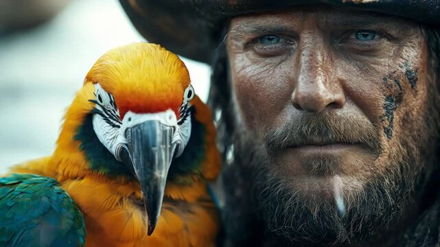 Close-up portrait of a rugged pirate captain with a scar on his face next to his colorful macaw