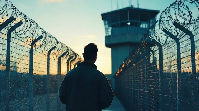 Following a male inmate from behind as he walks in the prison yard at sunset