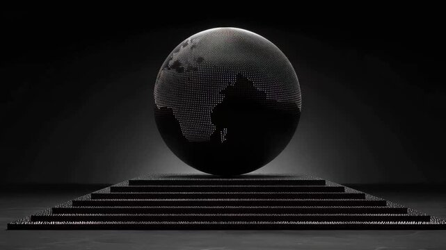 Black sphere on black steps with light behind it creates a strong visual contrast in a dark space during an art display