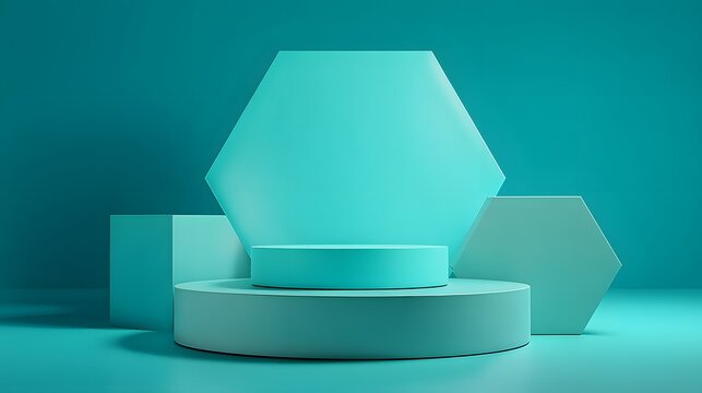 Minimalist Geometric Stage with Hexagonal and Circular Platforms in Teal.
