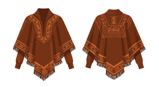 Traditional brown ethnic poncho garment with intricate tribal patterns and fringed hem showcasing front and back views for authentic cultural