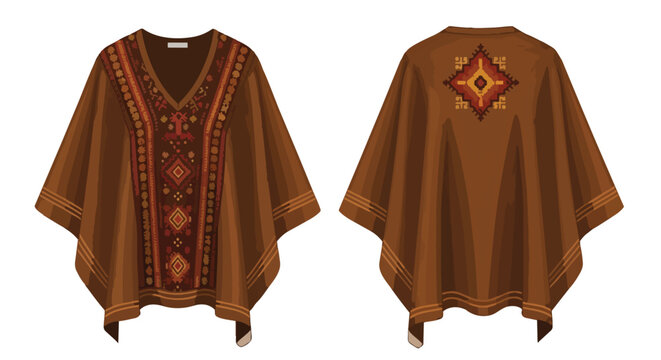 Vibrant embroidered ethnic poncho, front and back views showcased, featuring rich brown fabric and intricate geometric patterns for a distinct