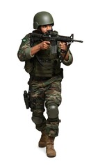Naklejka premium Armed soldier in full tactical gear, walking with weapon ready