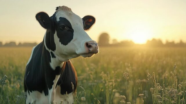 Curious black and white cow looking at the camera in a green grassy field during a golden sunset