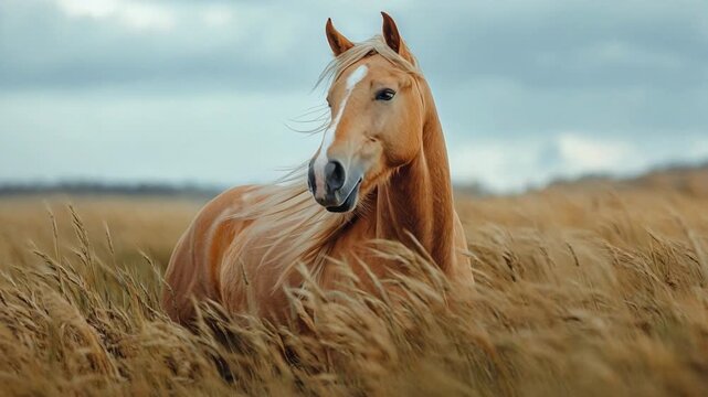 Majestic palomino horse with a flowing blonde mane standing in a field of tall grass on a windy day