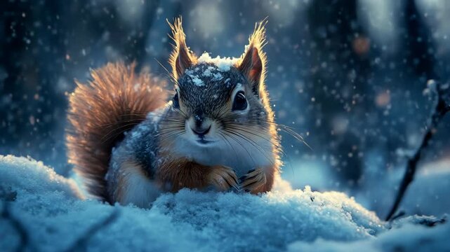 Cute wild squirrel looking at the camera while sitting in the snow during a cold winter night