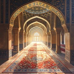Obraz premium Grand interior hall with arches, rug, light, and detailed patterns