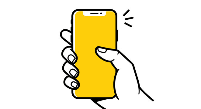 Illustration of a hand holding a bright yellow smartphone with a focus on mobile device and touch interaction.