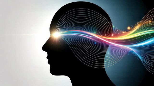 Abstract human silhouette with vibrant energy waves and light particles flowing from the mind