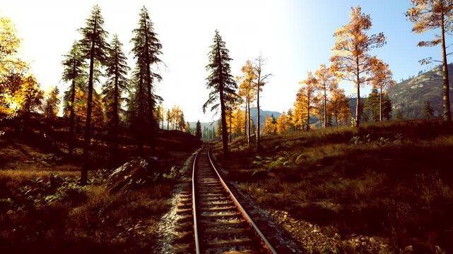 backlit railway track in autumn forest, photographer silhouette framing shot from low angle, warm golden light filtering through trees, textured rails
