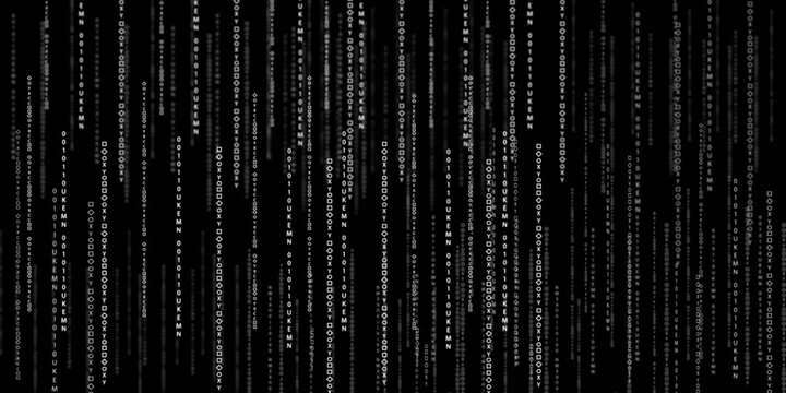 Abstract digital background featuring vertical columns of white binary code and characters on a black backdrop. Ideal for hacking data streams and cybersecurity design concepts