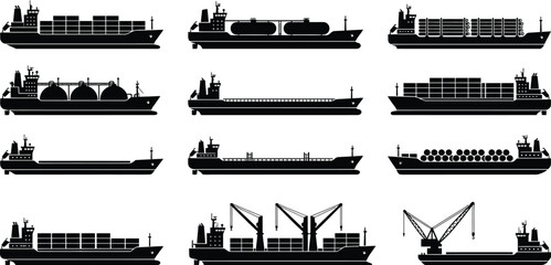 Cargo Ship Silhouettes Vector Set, Freight and Container Vessels Collection, Maritime Transport Icons © AbuHuraira