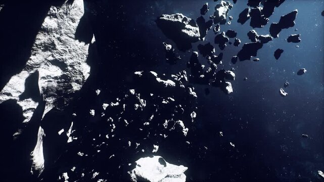 Crystalline reflections highlight icy fragments amid rugged stones, Survey craft captures spectral signatures of shimmering ice amid rocky terrain