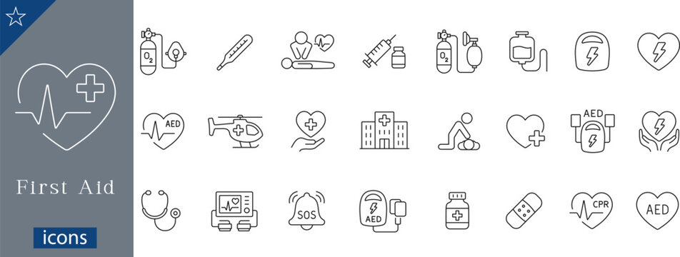 First Aid and Emergency Medical Icon Set 24 Minimalist Monolinear Vector Symbols for Healthcare, CPR, Emergency Response, Cardiac Care, and Medical Equipment