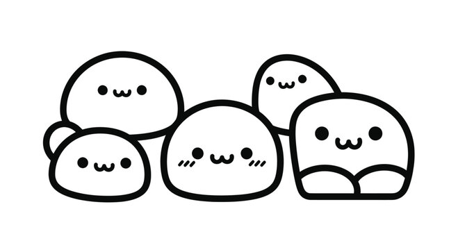 Adorable Kawaii Mochi Characters Black and White Outline Drawing.