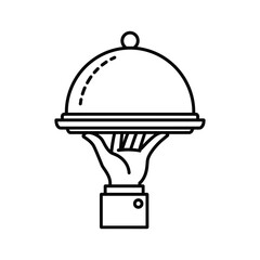Fototapeta premium Waiters hand holding cloche plate, simple line icon, restaurant service concept