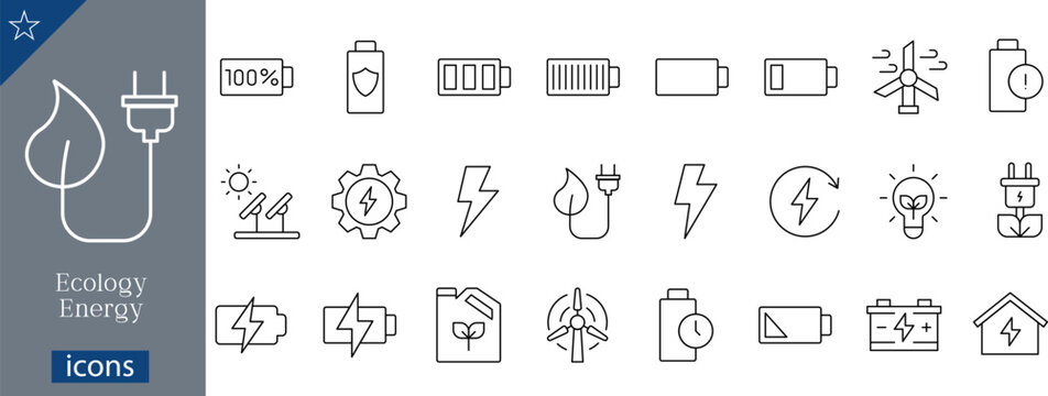24 Ecology Energy Icons Minimalist Line Art for Renewable Power, Battery Storage, and Green Technology