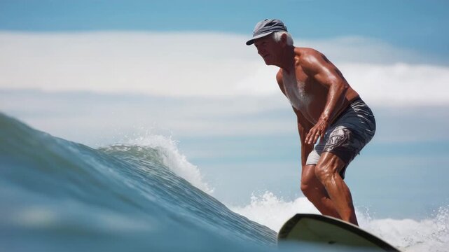 Mature surfer surfing ocean wave