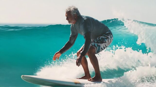 Mature surfer surfing ocean wave