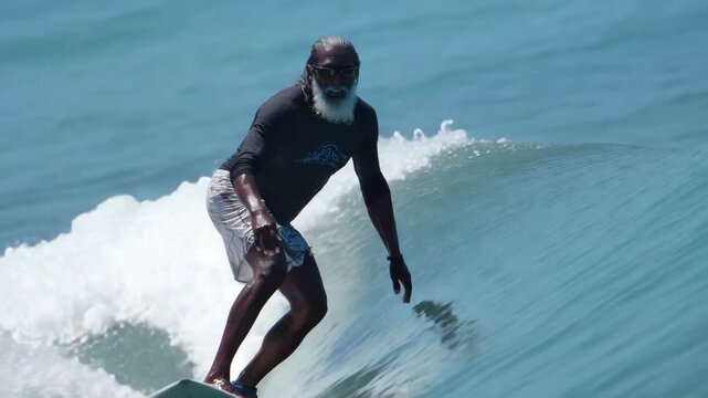 Mature surfer surfing ocean wave