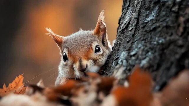 Curious red squirrel peeking out from behind a tree in a colorful autumn forest