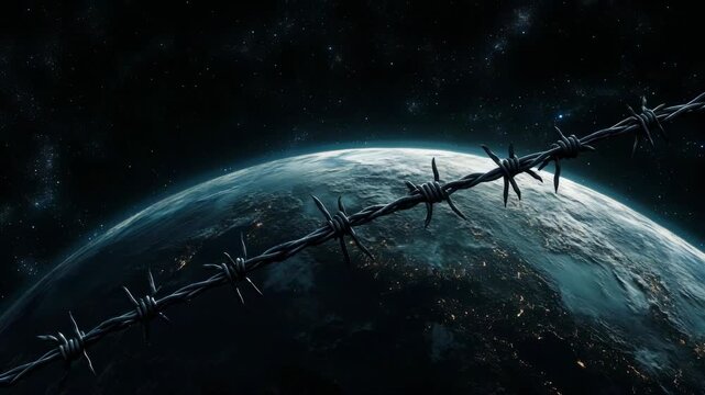 Barbed wire surrounding the planet earth symbolizing planetary crisis, lockdown, and restrictions