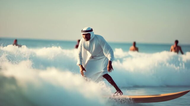 Mature surfer surfing ocean wave