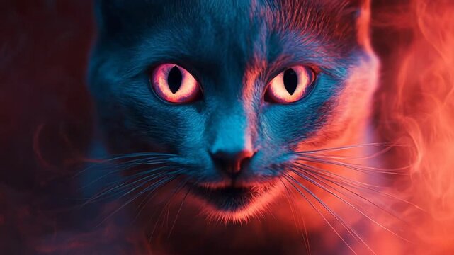 Mysterious evil cat with glowing eyes emerging from red smoke on a dark, scary background