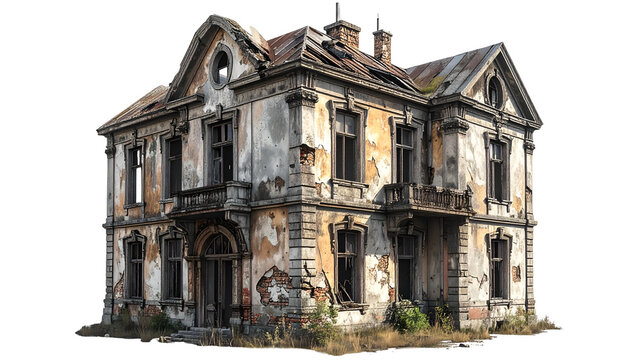 Weathered two-story house, showing signs of decay, with peeling paint and missing features