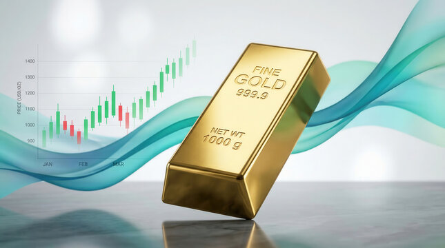 Shiny gold bar with Fine Gold 999.9 engraved, weighing 1000g, is displayed against background of rising chart, symbolizing financial growth